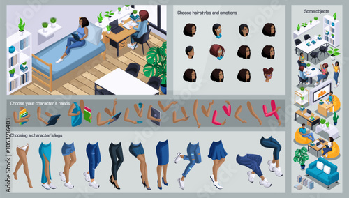 Isometric Black WoMan characters constructor for design. Use Separate Body Parts to Create An Animated Character. Set of Emotions, Hairstyles, Hands and Feet. Set action N1