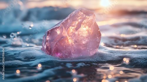 A Stunning Rose Quartz Crystal Illuminated Gently Amidst Glowing Bubbles in a Tranquil Water Setting Surrounded by Gentle Waves #1063916606