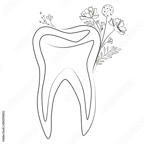Tooth minimalist line drawing. Medical dental print. Flower teeth vector. Stomatology art. Poster for dentist.