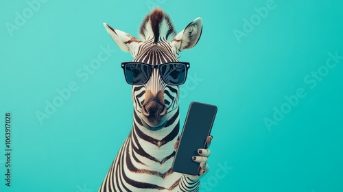 close up of a zebra looking phone with sunglasses.funny 