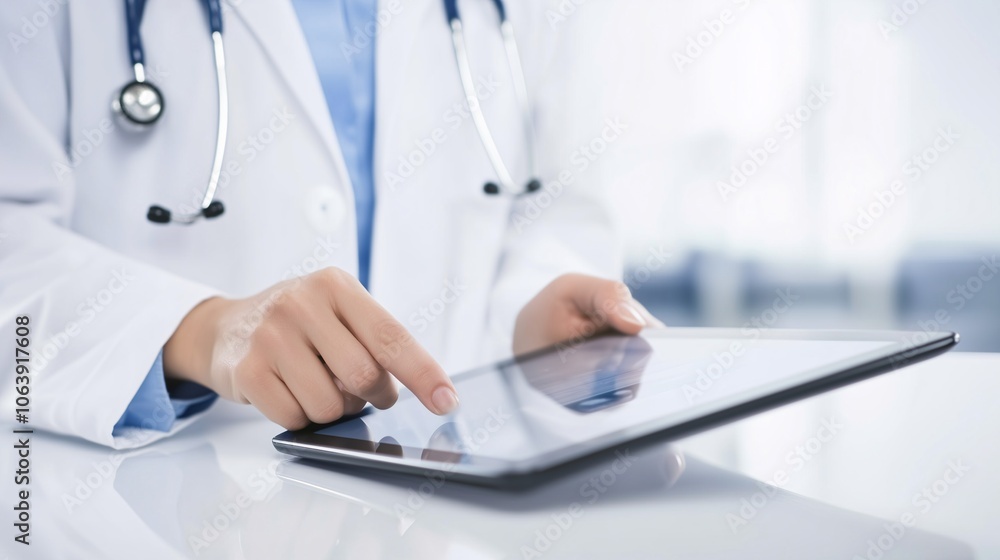 Doctor in a white coat using a digital tablet during a consultation. Modern medical technology and healthcare concept Doctor in a white coat using a digital tablet during a consultation. Modern medical technology and healthcare concept