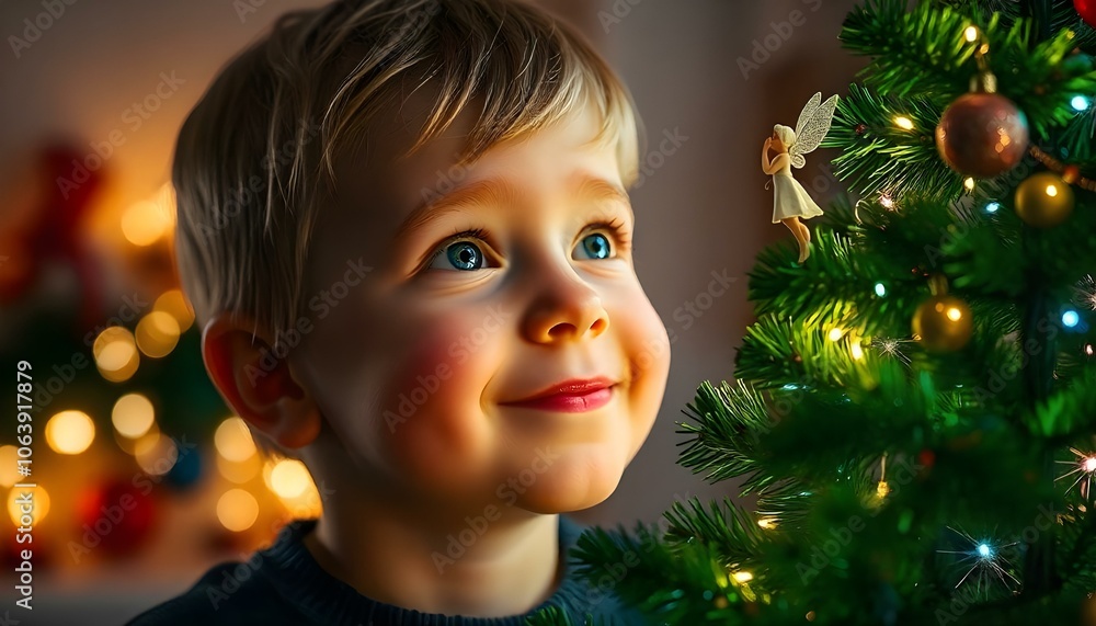Little boy smiling at a fairy in a Christmas tree Little boy smiling at a fairy in a Christmas tree