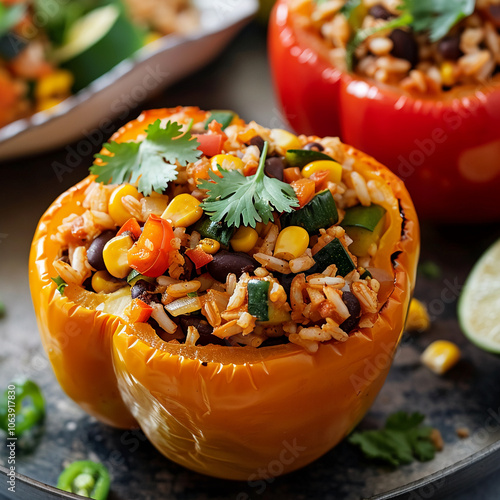 A yellow bell pepper stuffed with rice, corn, black beans, and zucchini is a delicious and healthy meal