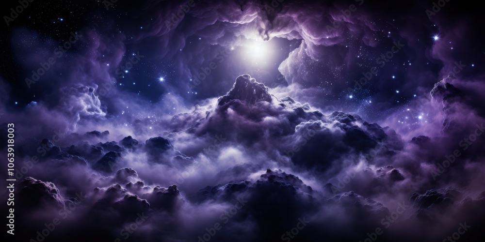 A celestial panorama of swirling clouds illuminated by distant stars and a radiant orb, casting ethereal shadows on the landscape below A celestial panorama of swirling clouds illuminated by distant stars and a radiant orb, casting ethereal shadows on the landscape below