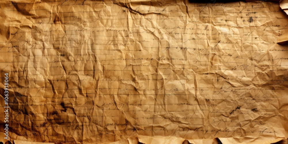 Fototapeta premium A crumpled piece of aged parchment paper, with faded ink and handwritten lines, evokes a sense of forgotten memories and lost stories.