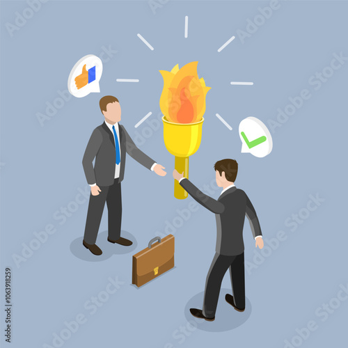 3D Isometric Flat Vector Illustration of Successor Plan, Transition Strategy, Passing The Baton To Lead, Collaborate To Achieve Goal