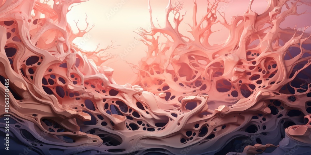 Abstract organic form with swirling patterns and a sense of movement, revealing a complex interconnected network of holes and cavities Abstract organic form with swirling patterns and a sense of movement, revealing a complex interconnected network of holes and cavities