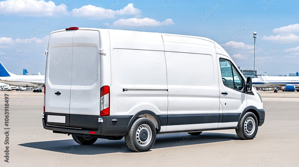 A white van parked in an airport parking lot with airplanes resting under a bright blue sky during the day A white van parked in an airport parking lot with airplanes resting under a bright blue sky during the day