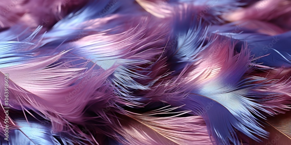 Fototapeta premium Delicate purple and blue feathers arranged in a soft and intricate pattern, showcasing nature's artistry.