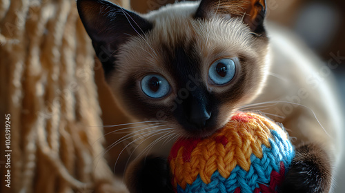 The Playful Spirit of a Singapura Cat Captured in a Close-Up with Colorful Yarn photo