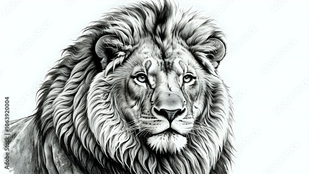 A black and white portrait of a majestic lion with a thick mane. A black and white portrait of a majestic lion with a thick mane.