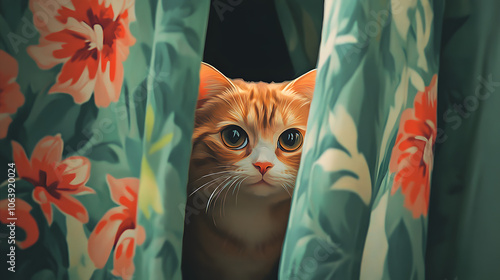 An Adorable Scottish Fold Cat Playfully Peeking from Behind a Curtain  photo