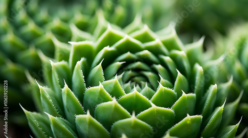 Green succulent plants in a detailed close-up showing their intricate spiral patterns in natural light