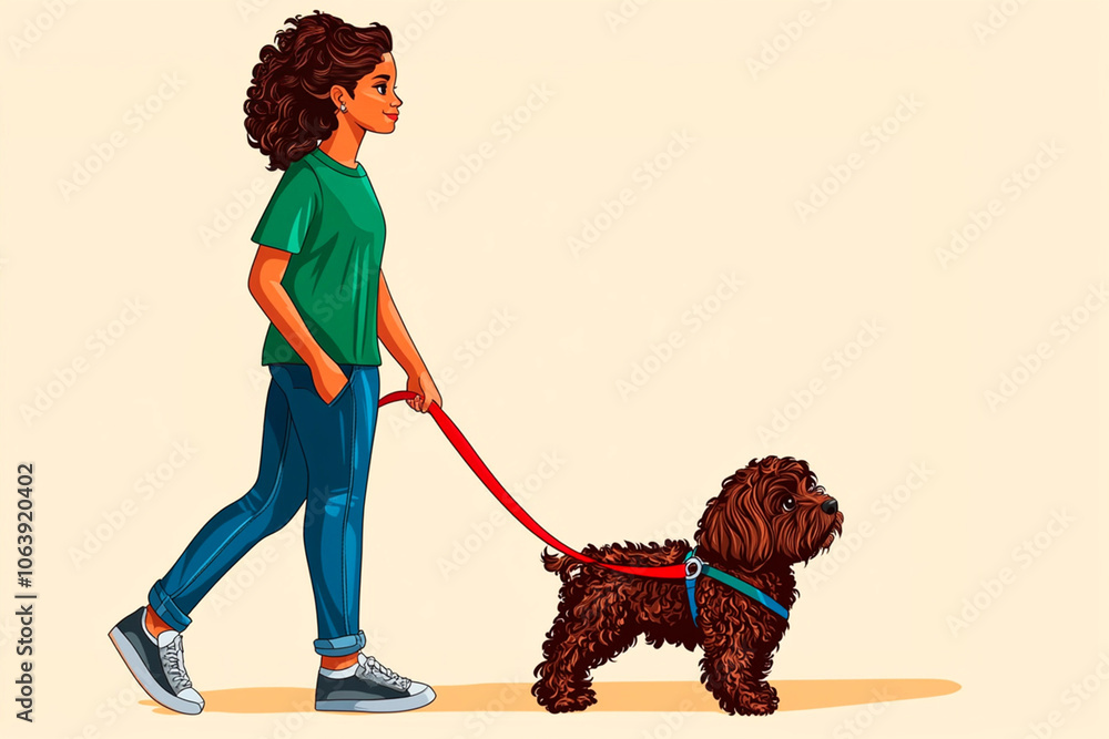 Depiction of a young woman walking her Maltipoo dog on a leash in an illustration, featuring a white background. Copy space. Depiction of a young woman walking her Maltipoo dog on a leash in an illustration, featuring a white background. Copy space.