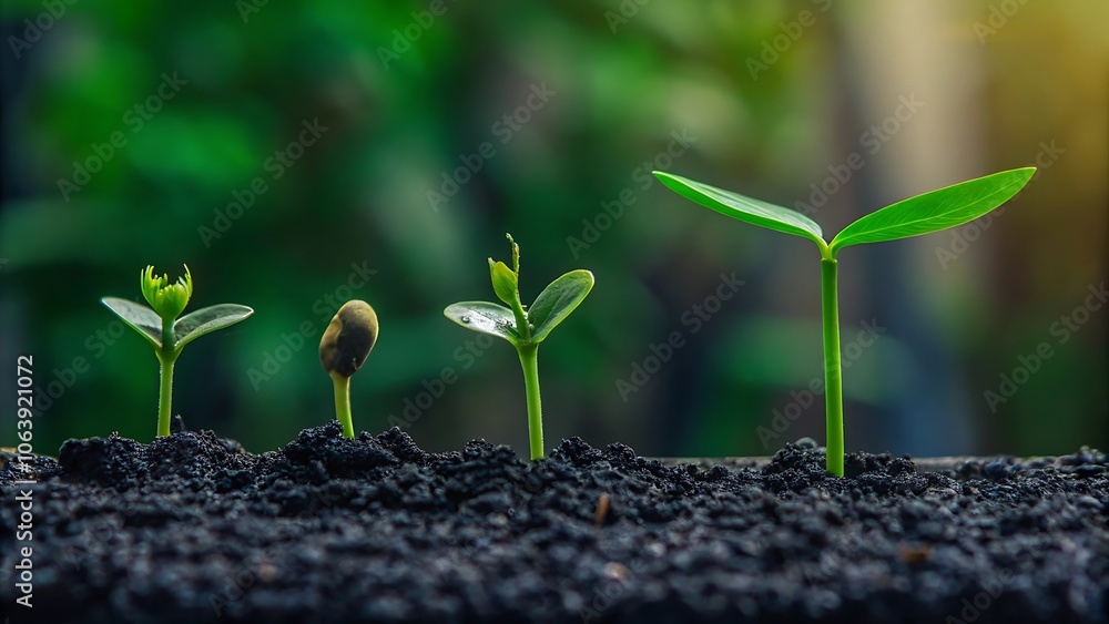 Fototapeta premium The Growth of Micro Plants from Seed to Life. Concept Plant Growth, Micro Gardening.AI GENERATED