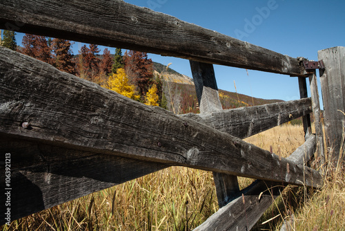 Old Colorado farm fence gate at the Holzwarth Historic Site in Rocky Mountain National Park, Colorado photo