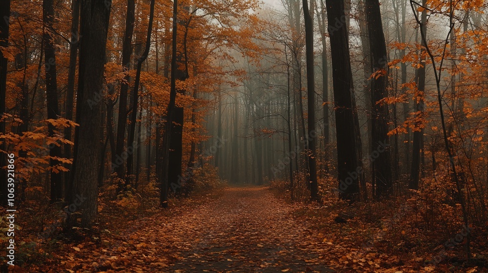 Obraz premium A serene forest scene in autumn, featuring tall, dark trees shrouded in a misty atmosphere. The ground is covered with a carpet of orange and brown leaves, indicating the changing seasons. Rays of sof
