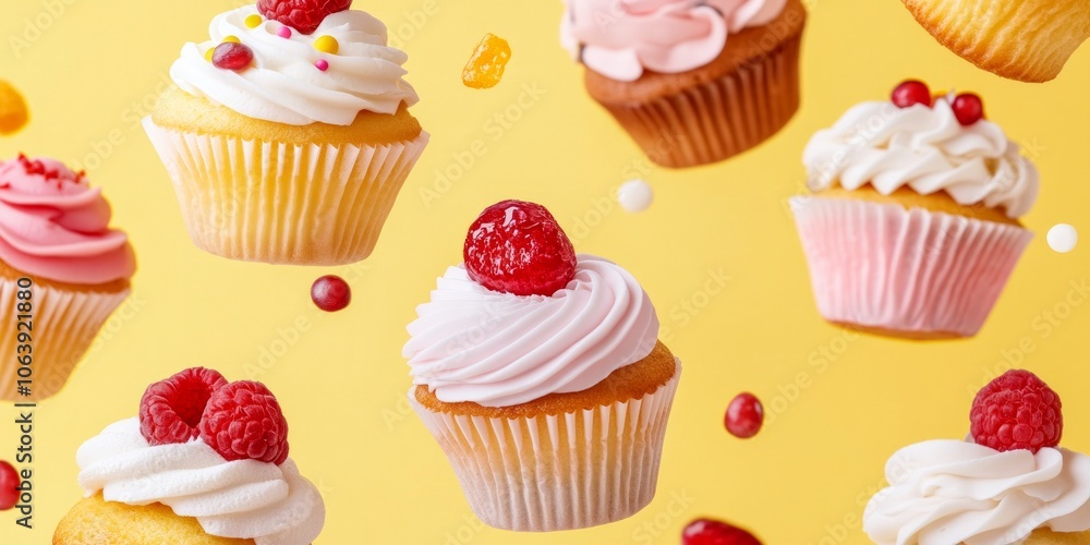 Colorful pastries and cupcakes float joyfully against a vibrant yellow background in a playful layout Colorful pastries and cupcakes float joyfully against a vibrant yellow background in a playful layout