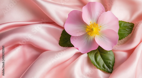 Flor de prímula rosa em um tecido de seda rosa suave drapeado photo