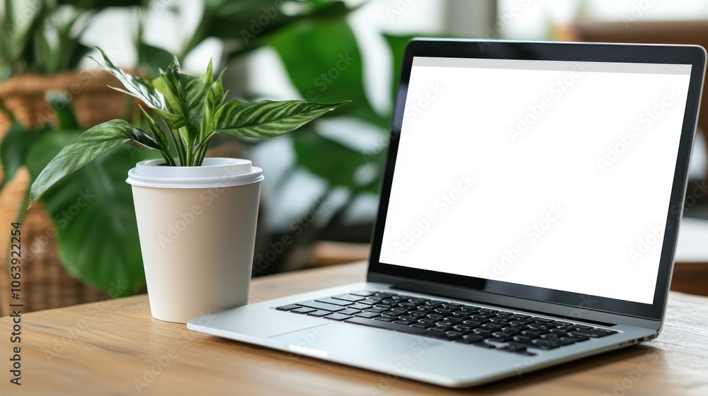 Laptop with a blank screen on a wooden table with a plant Laptop with a blank screen on a wooden table with a plant