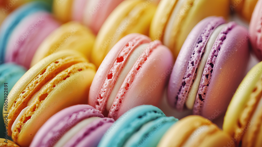 A delightful candy bar featuring a beautifully decorated dessert table with an array of colorful macarons and other sweet treats. A delightful candy bar featuring a beautifully decorated dessert table with an array of colorful macarons and other sweet treats.