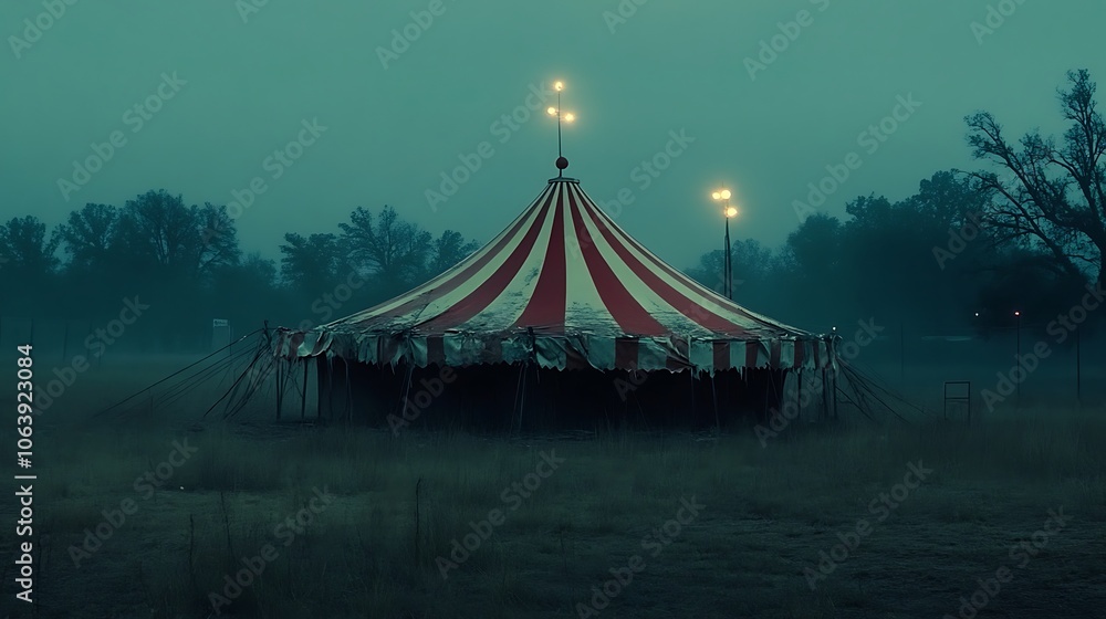 Mysterious Torn Circus Tent in Foggy Environment Mysterious Torn Circus Tent in Foggy Environment