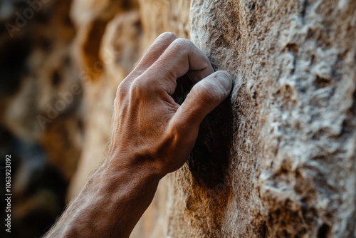 Obraz na płótnie A close-up of a climber's hand gripping a rocky surface, showcasing chalk dust on the fingers. The texture of the rock is detailed, emphasizing the challenge of climbing. w salonie