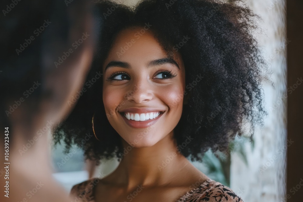 A smiling woman with curly hair, wearing a patterned top, looking at her reflection in a mirror. The setting is bright and airy, with soft natural light.