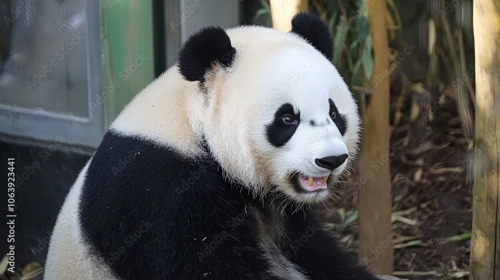 Naklejka premium A giant panda sitting in an enclosure, looking to the side with its mouth slightly open.
