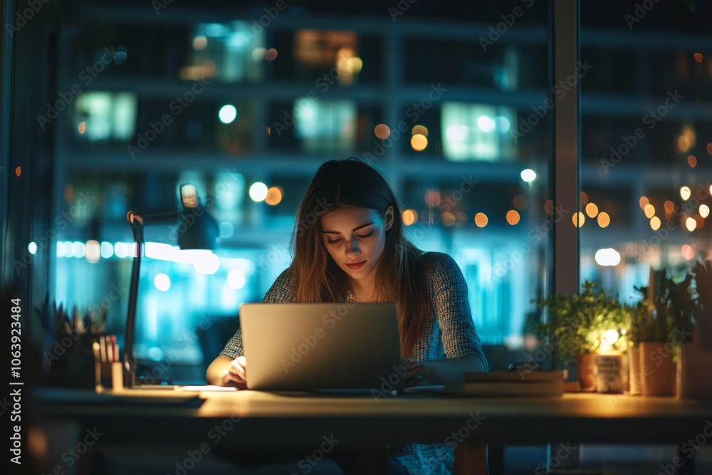 A young woman working late at night on a laptop at a desk, illuminated by a desk lamp. The background features a cityscape with blurred lights, creating a cozy atmosphere.