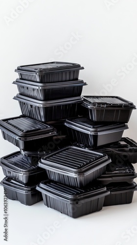 Stacked black plastic containers with clear lids in a minimalist display against a crisp white backdrop photo