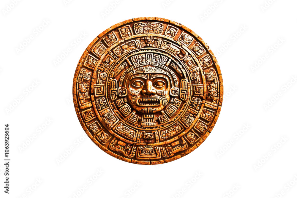 Intricate ancient Aztec calendar stone in detailed carving, showcasing cultural artistry and historic symbolism against a transparent background. Intricate ancient Aztec calendar stone in detailed carving, showcasing cultural artistry and historic symbolism against a transparent background.