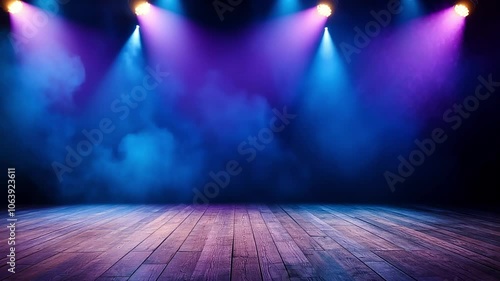 Wooden stage illuminated with blue and purple spotlights.