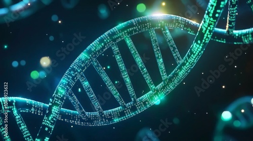 Wallpaper Mural A glowing, digital DNA helix with a dark blue background, representing genetic code and scientific research. Torontodigital.ca