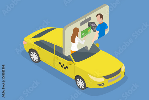 3D Isometric Flat Vector Illustration of Cab Driver With Terminal, Paying For A Taxi Ride