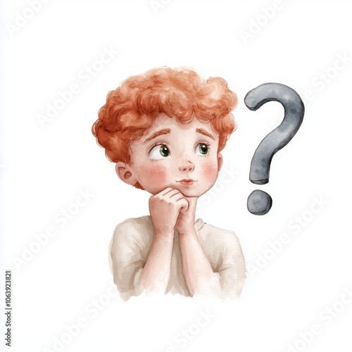 Curious child wondering with question mark in watercolor style