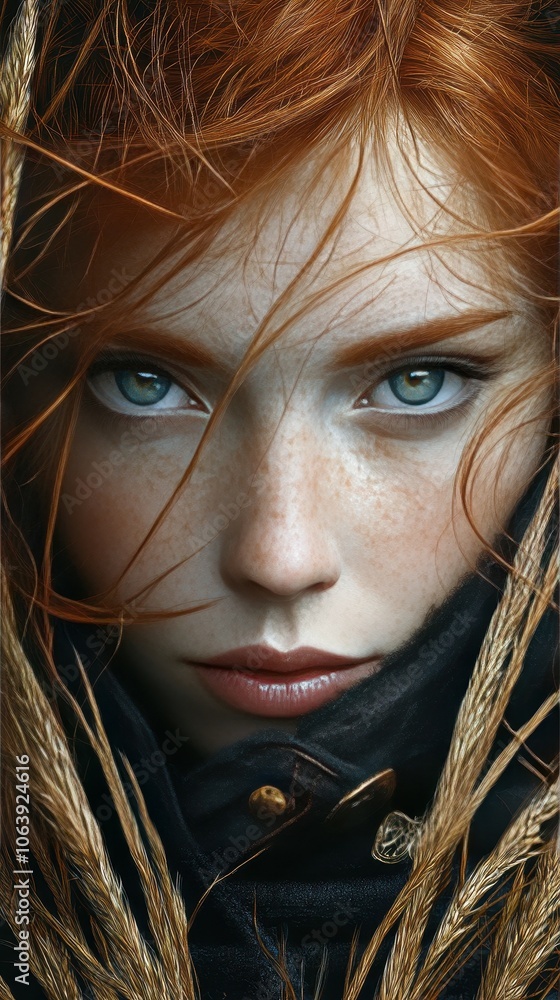A woman with red hair and blue eyes is shown in a close up. The image ...