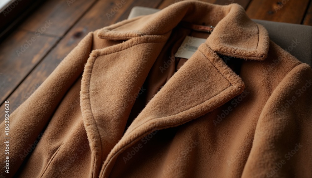 Fototapeta premium Camel coat displayed on wooden surface with natural light and copy space