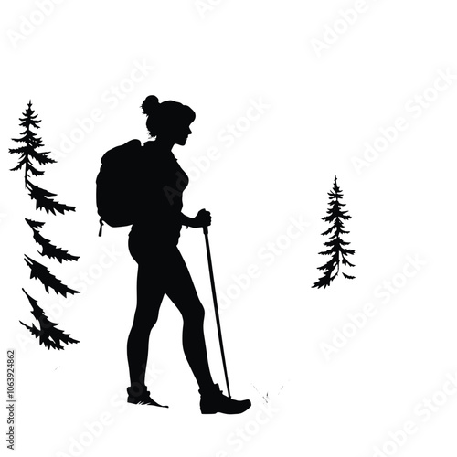 female hiker with backpack silhouette black color silhouette on whit background