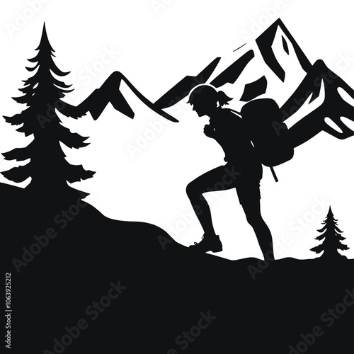 female hiker with backpack silhouette black color silhouette on whit background