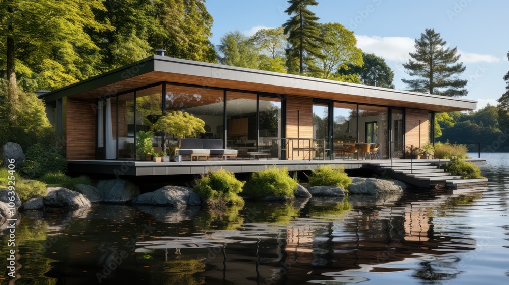 Obraz premium Modern lakeside house with large windows and surrounding greenery.