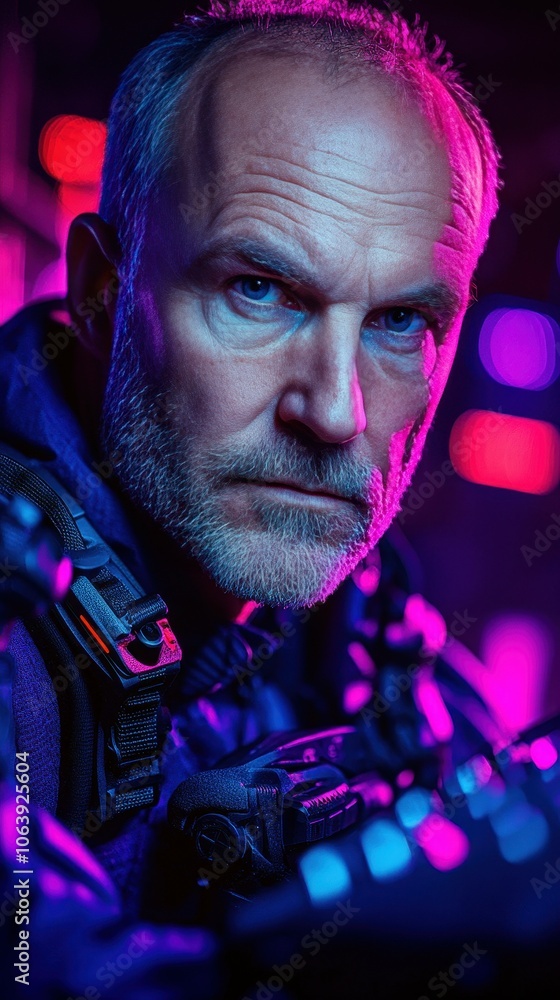 A man with a beard and glasses is wearing a black jacket and holding a remote. The image is in a neon color scheme, giving it a futuristic and sci-fi vibe A man with a beard and glasses is wearing a black jacket and holding a remote. The image is in a neon color scheme, giving it a futuristic and sci-fi vibe