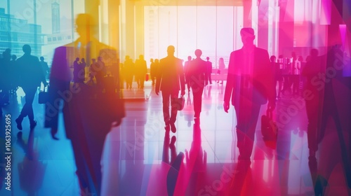 A group of people walking in a building