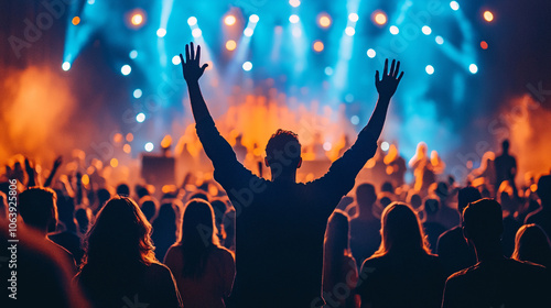 Wallpaper Mural silhouette of man raising hands at concert with crowd and bright stage lights Torontodigital.ca