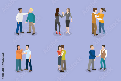 3D Isometric Flat Vector Set of Greeting Gestures, Friends or Colleagues Greet Each Other