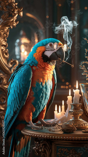 blue and yellow macaw smoking in a castle room,it seems that he has many unsaid words... photo