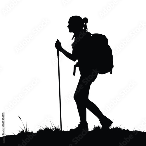 female hiker with backpack silhouette black color silhouette on whit background