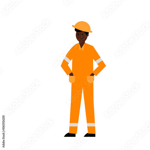 A dark-skinned worker in an orange uniform. Vector simple color flat illustration.