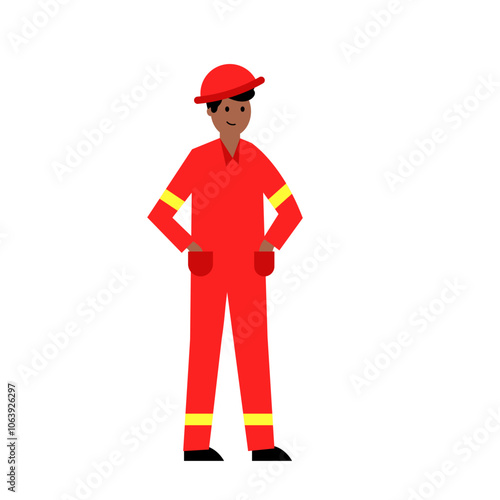 A dark-skinned worker in a red uniform. Vector simple color flat illustration.