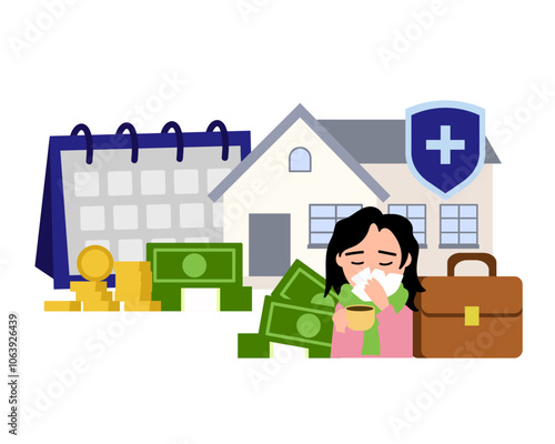 Sick leave, woman home sick and receives money. Vector simple color flat illustration.